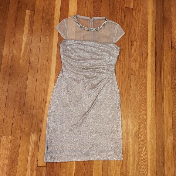 Lauren Ralph Lauren Evening Gold Dress w/ Sheer Bodice, Neck Embellishment Sz 8 - Picture 8 of 15